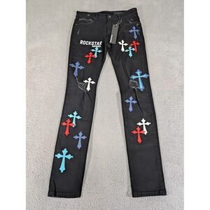 Rockstar Jeans‎ Mens 32 Black Brody Patchwork Ultra Slim Cross Distressed Denim